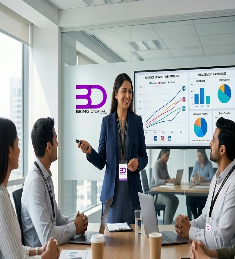 Professional marketing and branding team discussing business growth strategies, digital campaigns, and brand development in a modern corporate office.