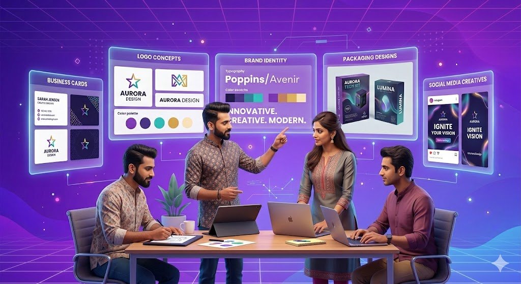 Professional graphic designer working on branding and logo design projects in a modern creative agency office with multiple screens and design materials.