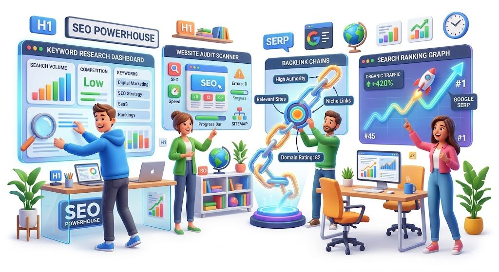SEO experts working on keyword research, website audits, backlink building, and search ranking optimization using analytics dashboards and digital marketing tools.