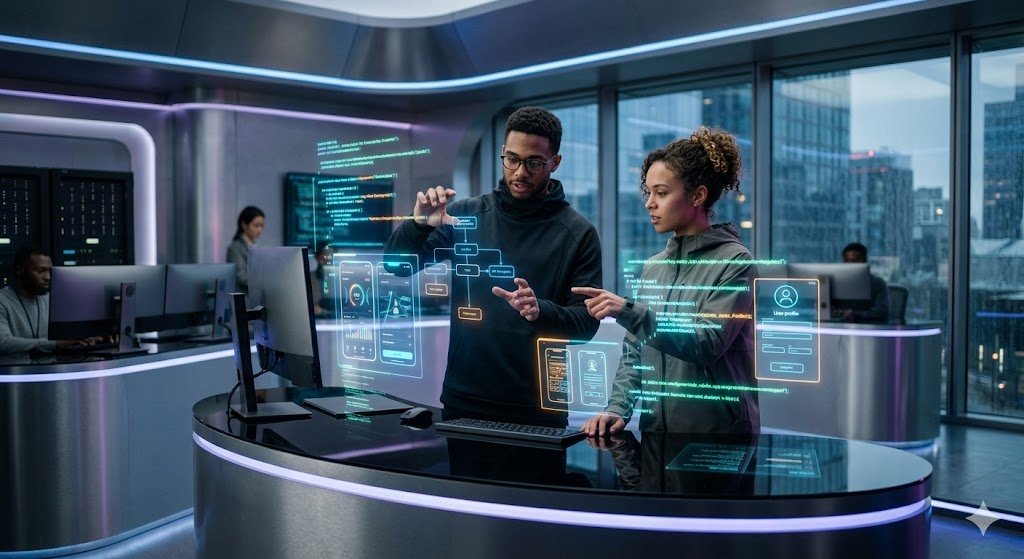 Two software developers collaborating in a modern tech workspace, interacting with holographic application interfaces and digital dashboards.
