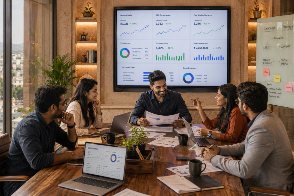 exploring digital marketing course modules including SEO, social media strategy, content creation, analytics, and online advertising skills.