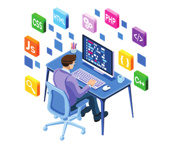 Professional desktop software developers designing and coding high-performance desktop applications in a modern development environment.
