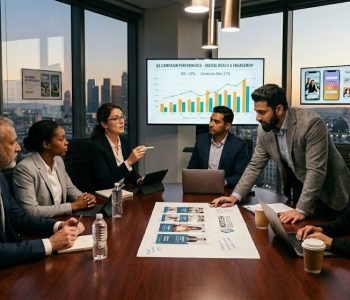 Professional marketing team discussing advertising strategies and campaign performance in a modern corporate boardroom with digital analytics displays.