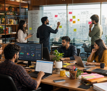 Modern digital marketing workspace with AI automation and analytics