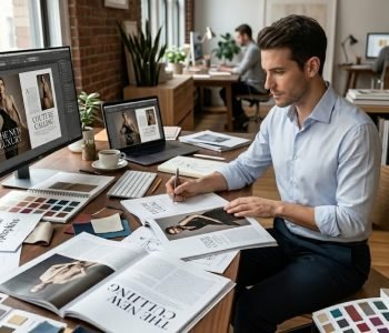 Professional publication designer creating magazine layouts and editorial content in a modern publishing workspace.