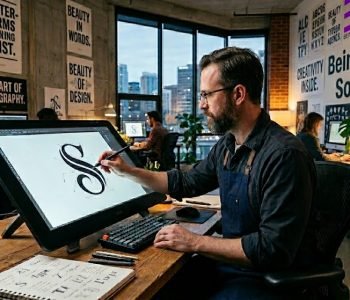 Professional typographic designer creating custom lettering and typography artwork on a digital drawing tablet in a modern creative studio.